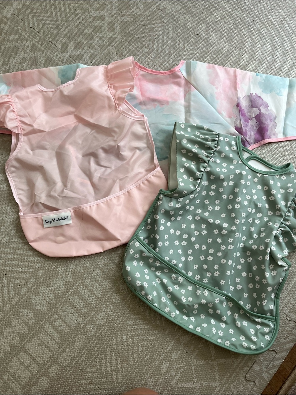 Tiny Twinkles Pink & Sage Floral Kids Bibs - Water-Resistant Sleeved Bibs